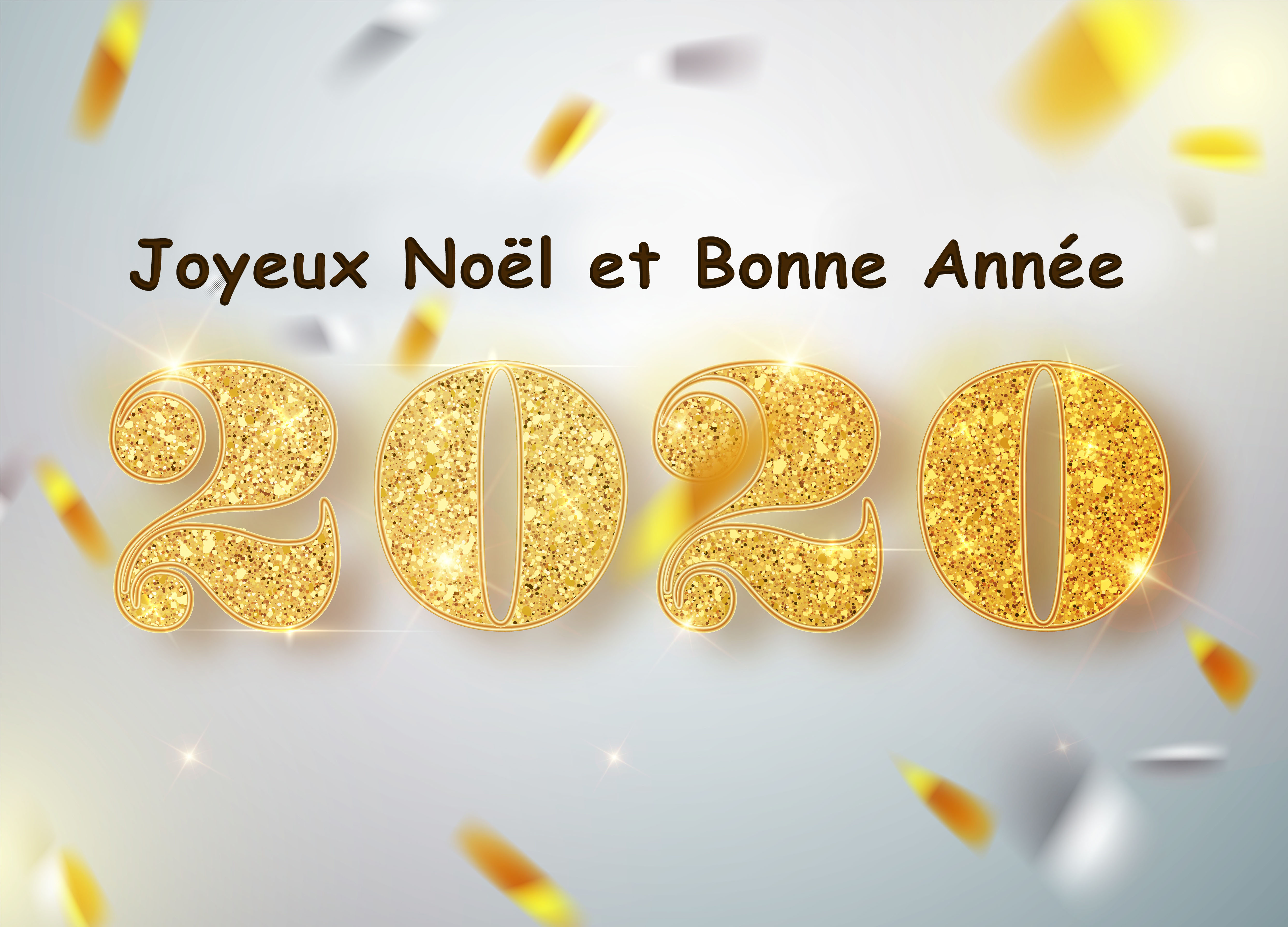 Happy New Year Banner with Gold 2020 Numbers on Bright Background with Flying Confetti. Vector illustration